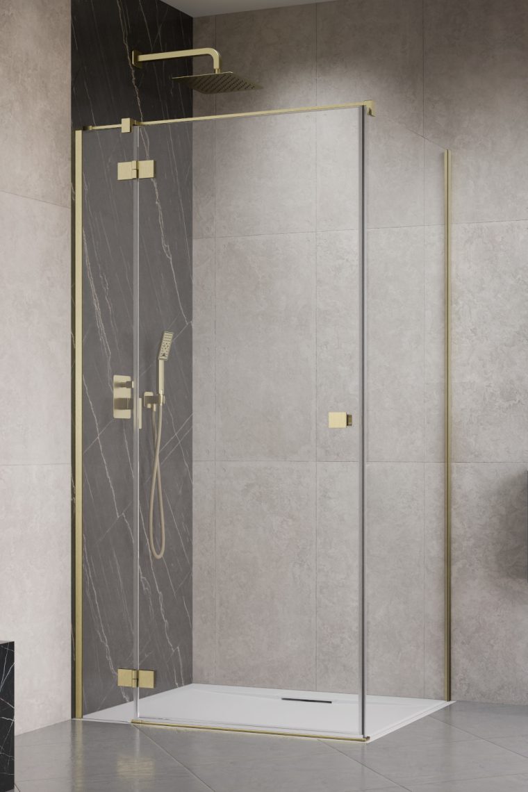 душевой уголок radaway essenza brushed gold kdj 90x110 левый, стекла прозрачные, профиль брашированное золото