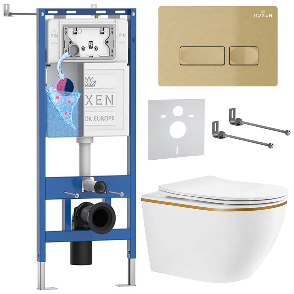 комплект инсталляции roxen 6 в 1 710200 с клавишей смыва caspia 410280gb брашированное золото и унитазом antares tornado 530205-01gb-l