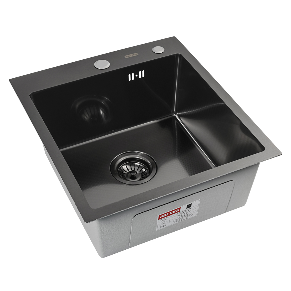 мойка кухонная arfeka eco ar 450x500 black pvd nano decor millet grains, вороненая сталь