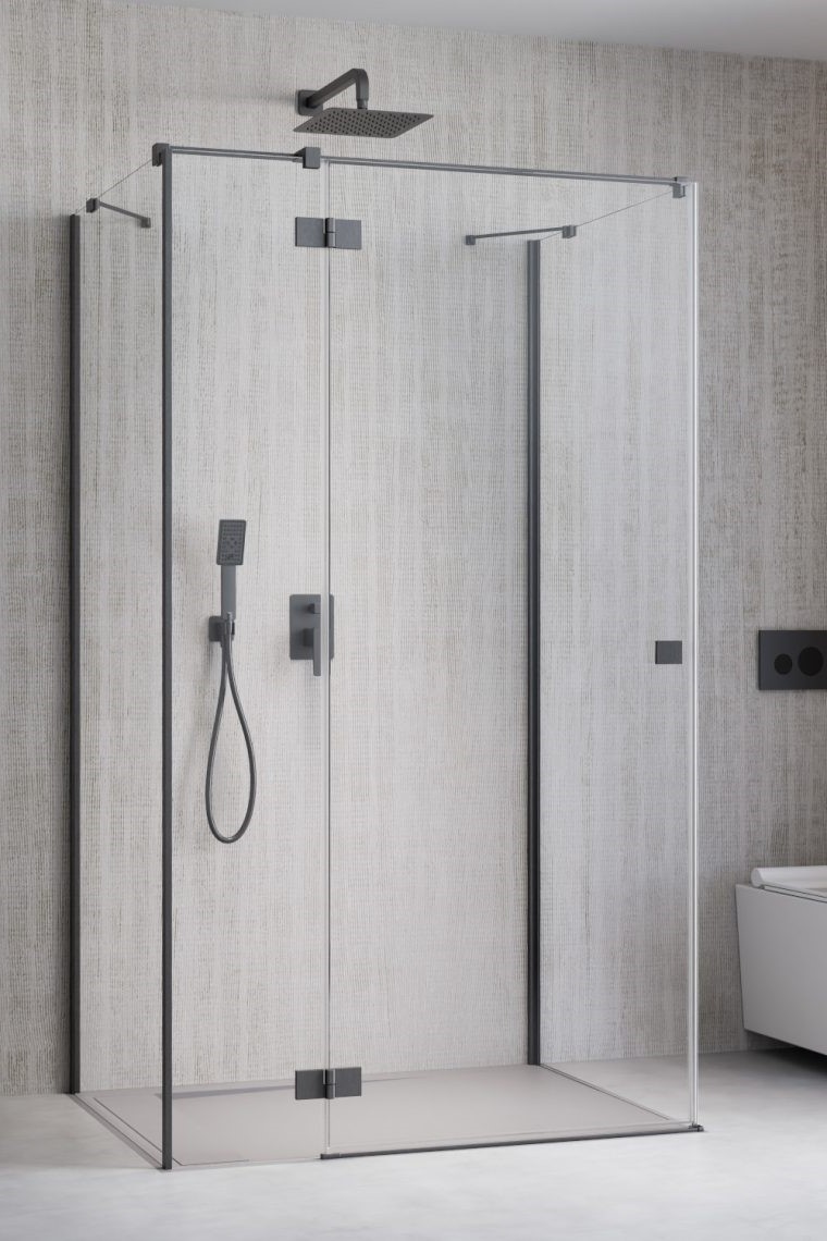 душевой уголок radaway essenza brushed gunmetal kdj+s 80x80 левый, стекла прозрачные, профиль брашированная оружейная сталь