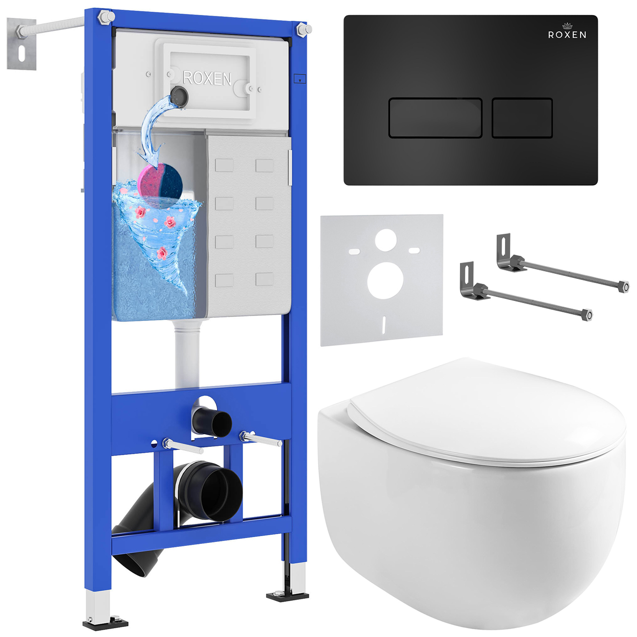 комплект инсталляции для унитаза 6 в 1 roxen stounfix dual fresh 964195 с клавишей caspia черный матовый, с аромадозатором