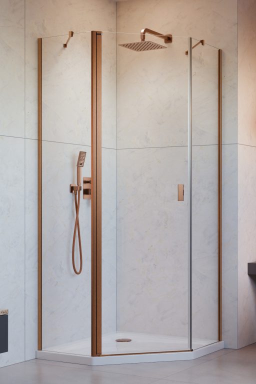 душевой уголок radaway nes brushed copper ptj 90x80 левый, стекла прозрачные, профиль брашированная медь