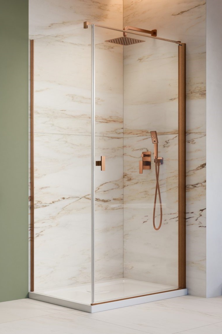 душевой уголок radaway nes brushed copper kdj i 90x75 правый, стекла прозрачные, профиль брашированная медь
