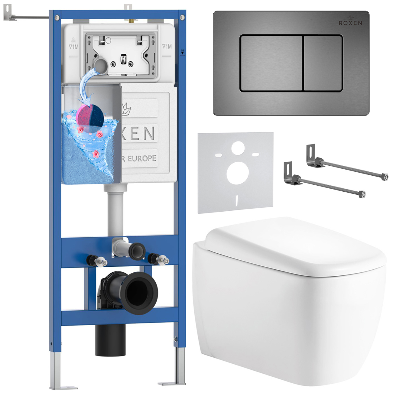инсталляция roxen stounfix dual fresh 710200 с унитазом 530220-02 и клавишей смыва steel 420280g с аромадозатором