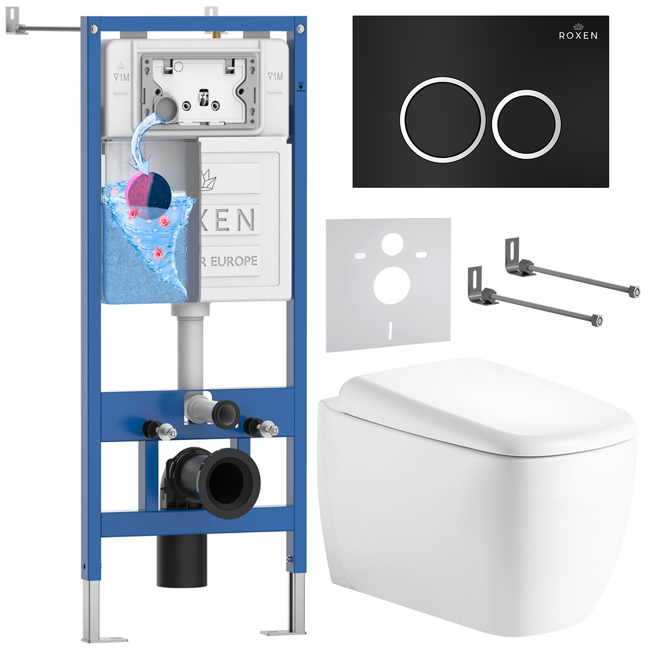 инсталляция roxen stounfix dual fresh 710200 с унитазом 530220-02 и клавишей смыва santi 410260b с аромадозатором