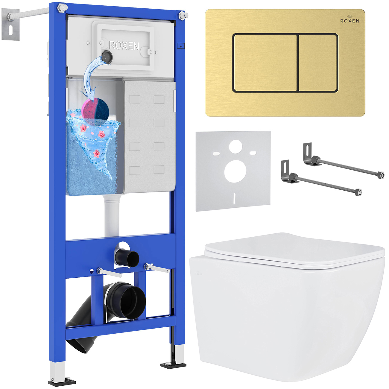 комплект инсталляция roxen stounfix dual fresh 6 в 1 968469 с унитазом cube 530135-01 и клавишей смыва steel 420280gb брашированное золото
