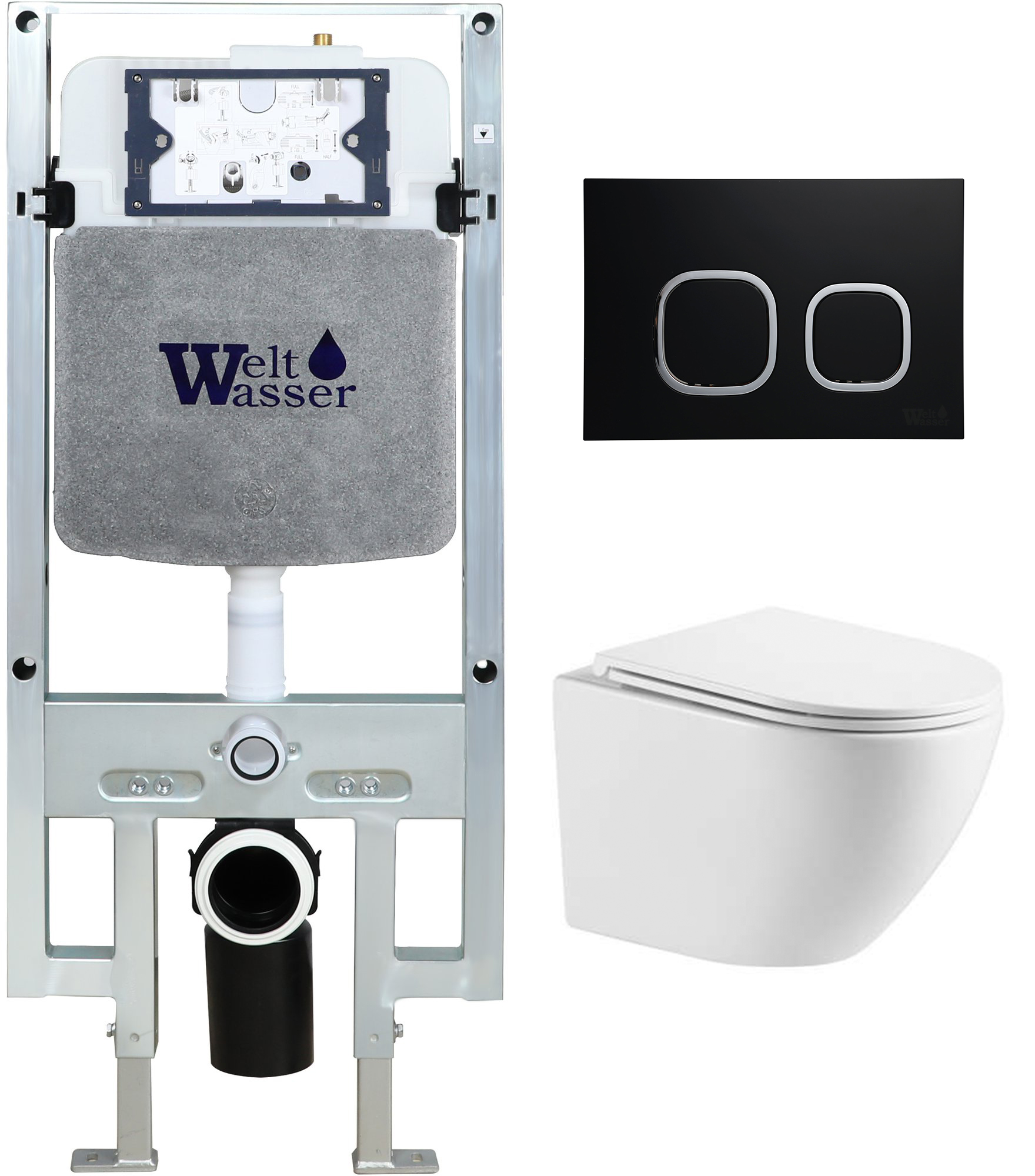 комплект инсталляции welt-wasser amberg 497 st с унитазом merzbach 043 xl gl-wt и клавишей смыва amberg rd-bl черный матовый