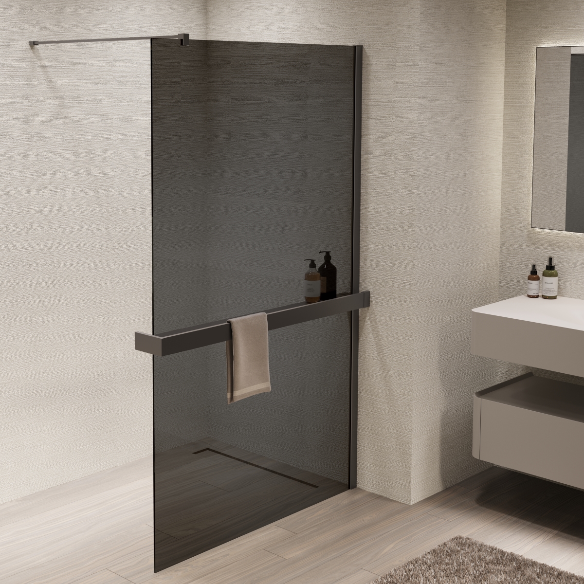 душевой уголок vincea walk-in 120x200 стекла тонированные, профиль вороненая сталь