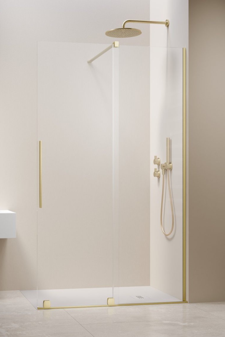 душевой уголок radaway furo brushed light gold walk-in 90x200 правый, cтекла прозрачные, профиль брашированное светлое золото
