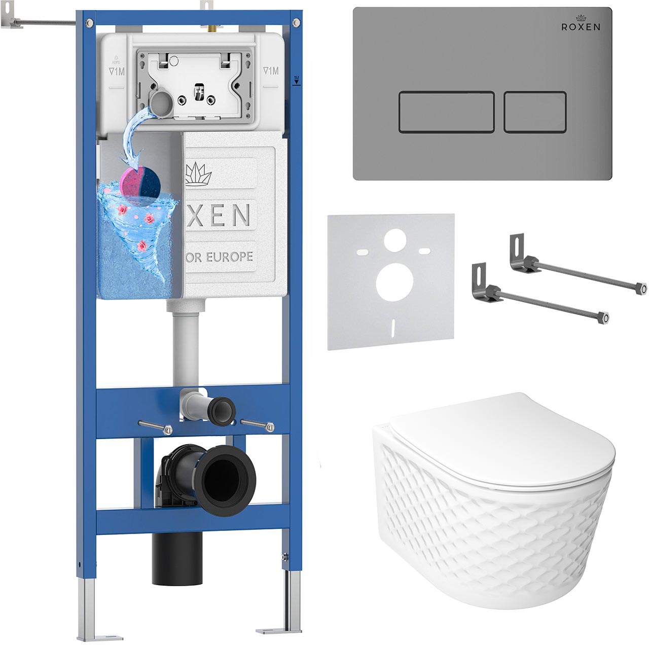 комплект инсталляция roxen stounfix dual fresh 979003 с унитазом vine tornado и клавишей смыва caspia 410280m