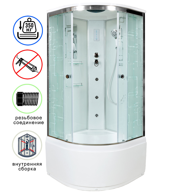 душевая кабина avacan em4510gm+el ava 100x100 с гидромассажем и электрикой, стекла с узором, профиль хром