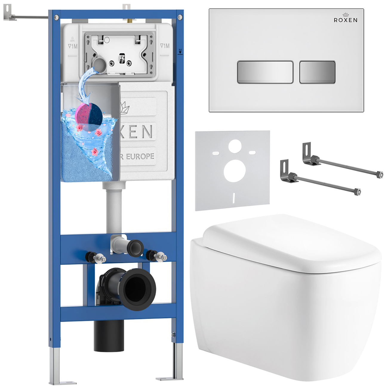инсталляция roxen stounfix dual fresh 710200 с унитазом 530220-02 и клавишей смыва glass 430280w с аромадозатором
