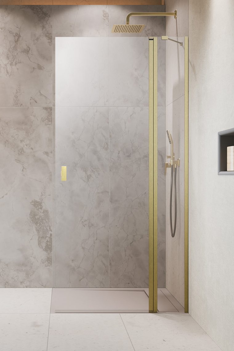 душевой уголок radaway nes brushed gold walk-in kdd ii 100x200 правый, стекла прозрачные, профиль брашированное золото