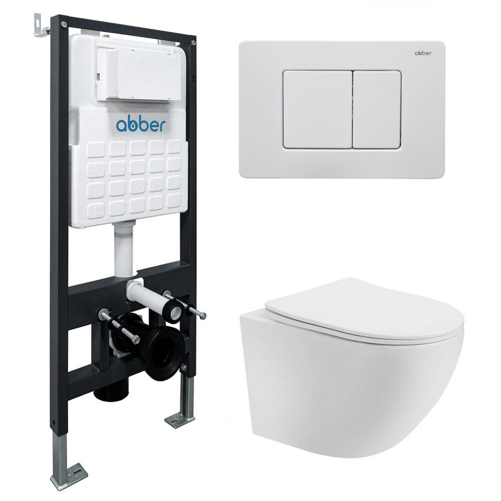 комплект инсталляции abber ac0105 с клавишей смыва ac0120mw белый матовый и подвесным унитазом bequem ac1100t