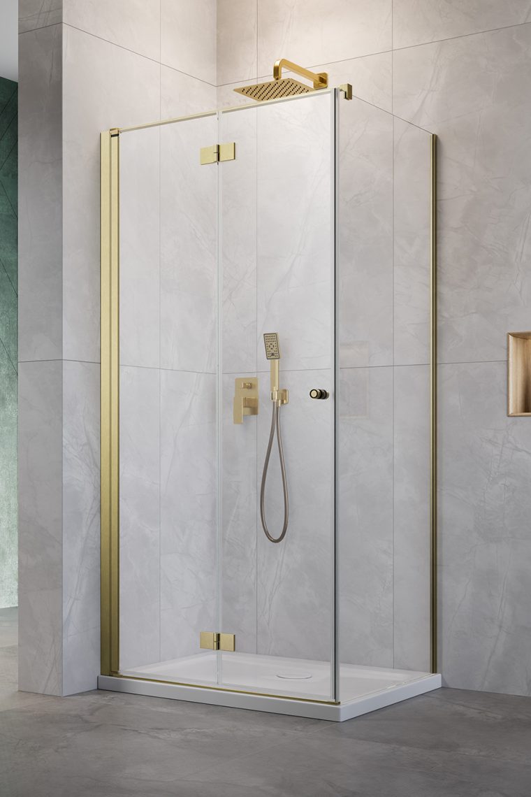 душевой уголок radaway nes brushed gold kdj-b 90x100 левый, стекла прозрачные, профиль брашированное золото