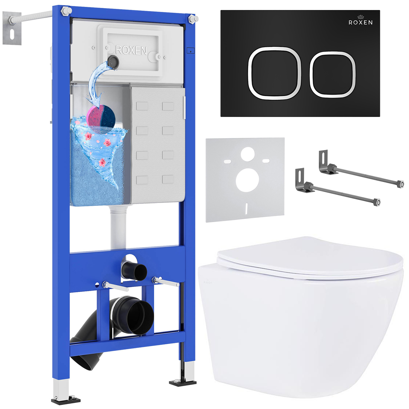комплект инсталляции roxen stounfix dual fresh 543169 6в1 клавиша черный матовый, с аромадозатором