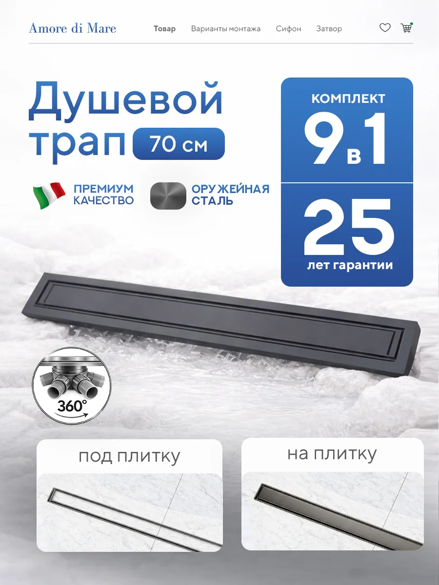 душевой лоток amore di mare verso sd-70gm 700x70 мм, оборачиваемый под плитку, оружейная сталь