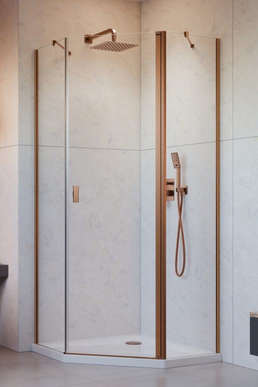 душевой уголок radaway nes brushed copper ptj 90x80 правый, стекла прозрачные, профиль брашированная медь