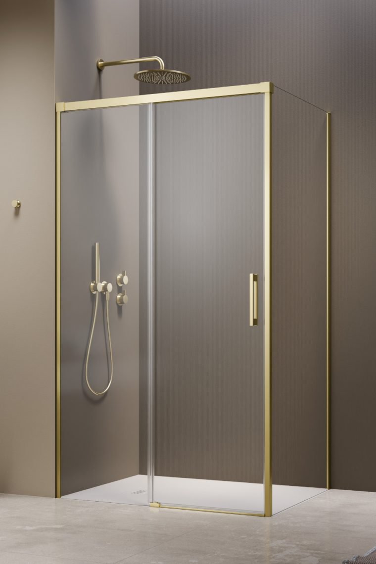 душевой уголок radaway idea 6 brushed light gold kdj 140x75 левый, стекла прозрачные, профиль брашированное светлое золото