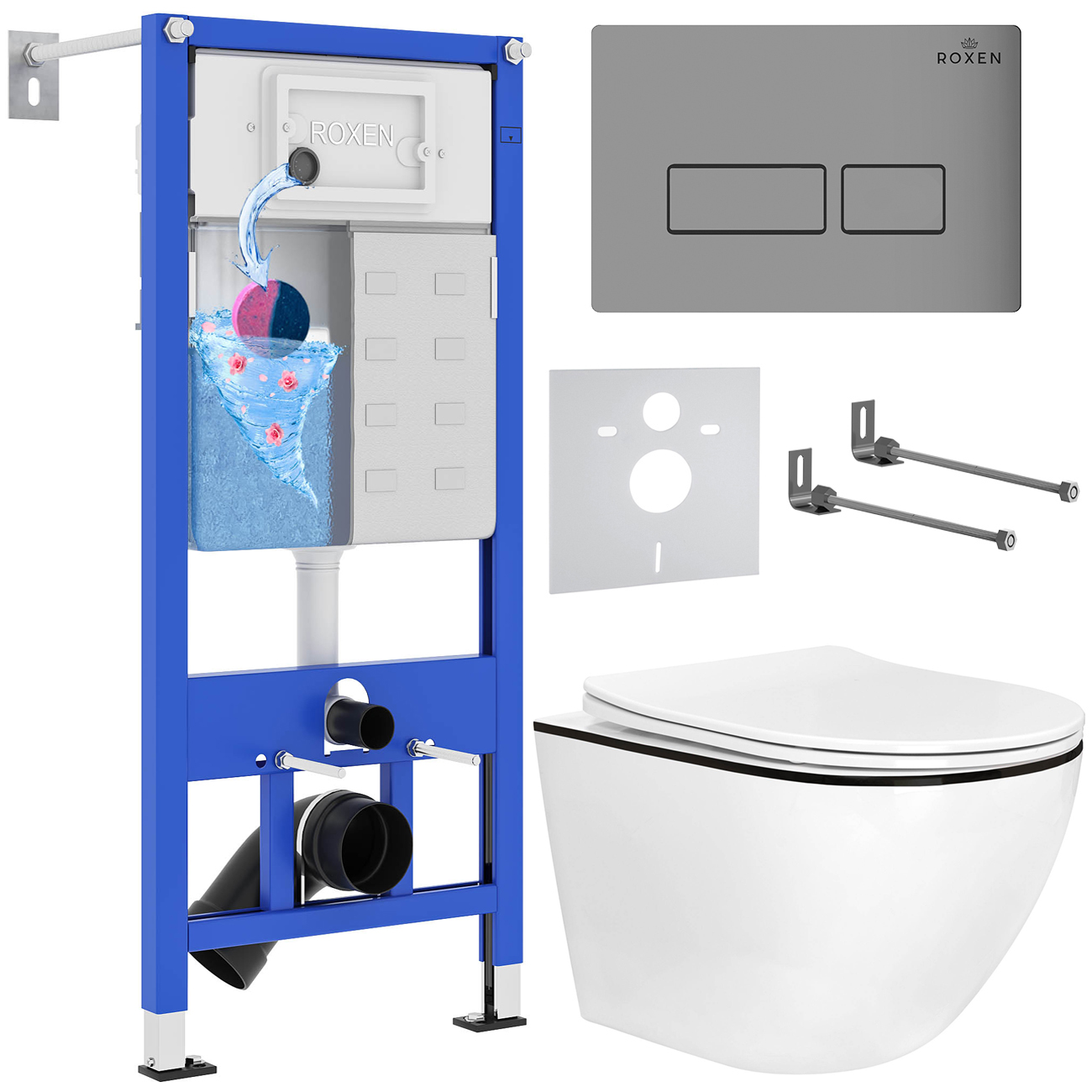 комплект инсталляции для унитаза 6 в 1 roxen stounfix dual fresh 964800 caspia хром матовый, с аромадозатором