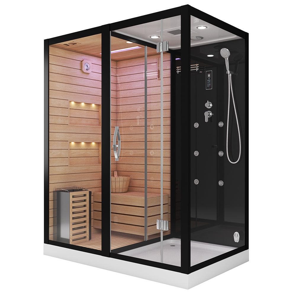 душевая кабина tiko-teymi helmi t00301l 180x110 черная, левая с финской сауной и турецкой баней