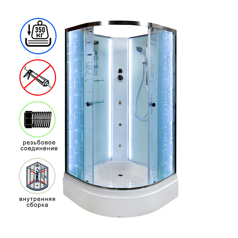 душевая кабина avacan em3011nled+gm ava 110x110 б/к, с led и гидромассажем, стекла с узором, профиль хром