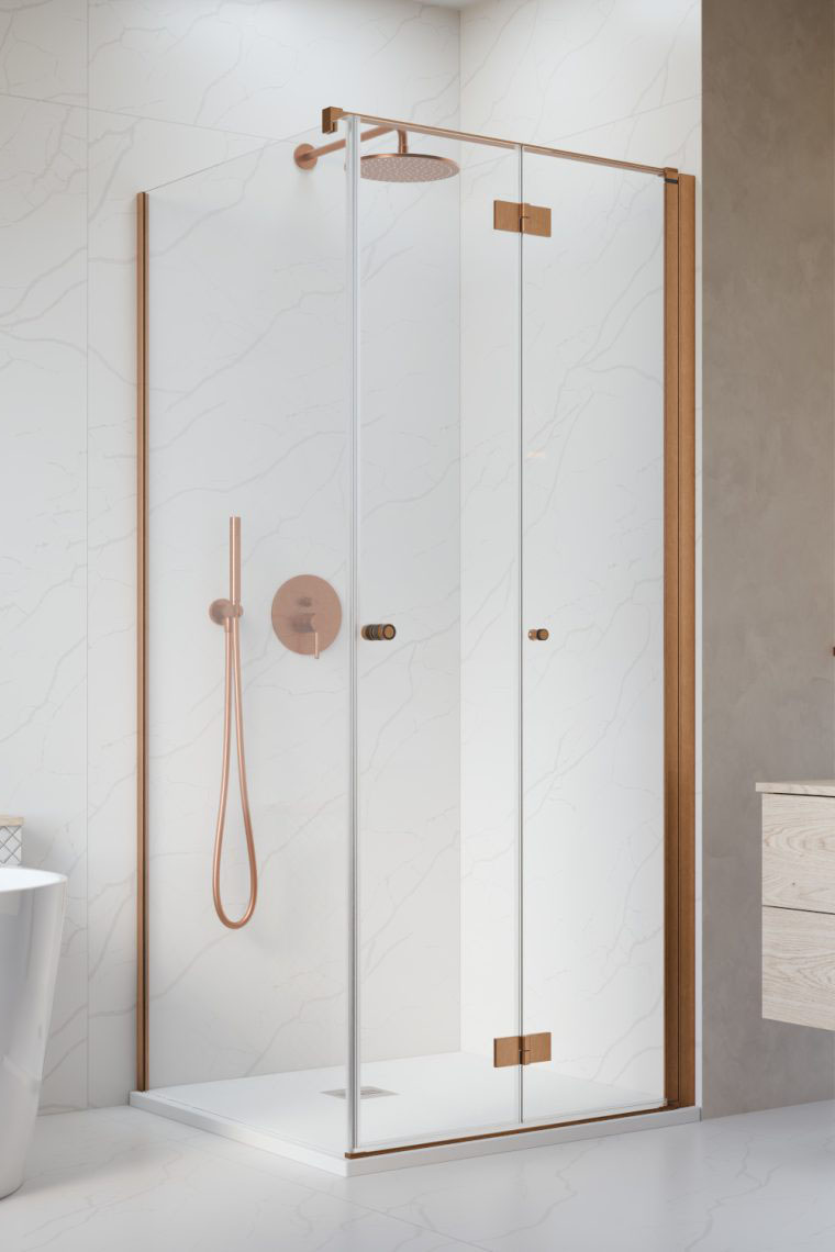 душевой уголок radaway nes brushed copper kdj b 80x70 правый, стекла прозрачные, профиль брашированная медь