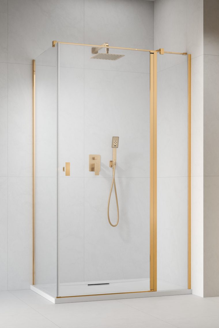 душевой уголок radaway nes gold kdj ii 100x90 правый, стекла прозрачные, профиль золото
