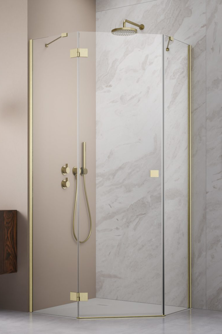 душевой уголок radaway essenza brushed gold ptj 80x80 левый, стекла прозрачные, профиль брашированное золото