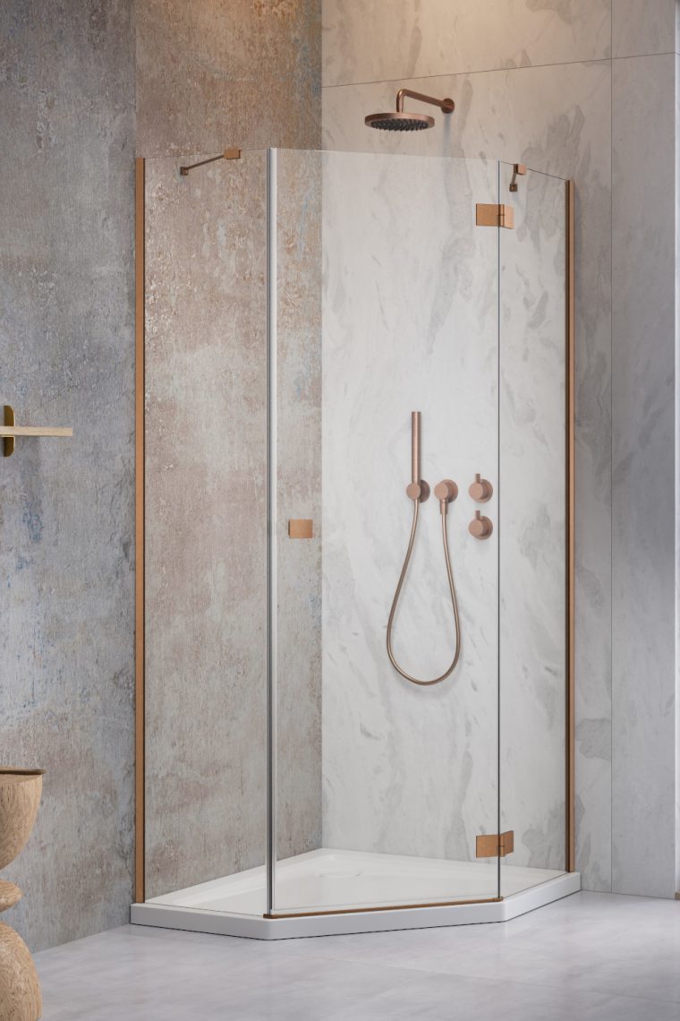 душевой уголок radaway essenza brushed copper ptj 80x90 правая, стекла прозрачные, профиль брашированная медь