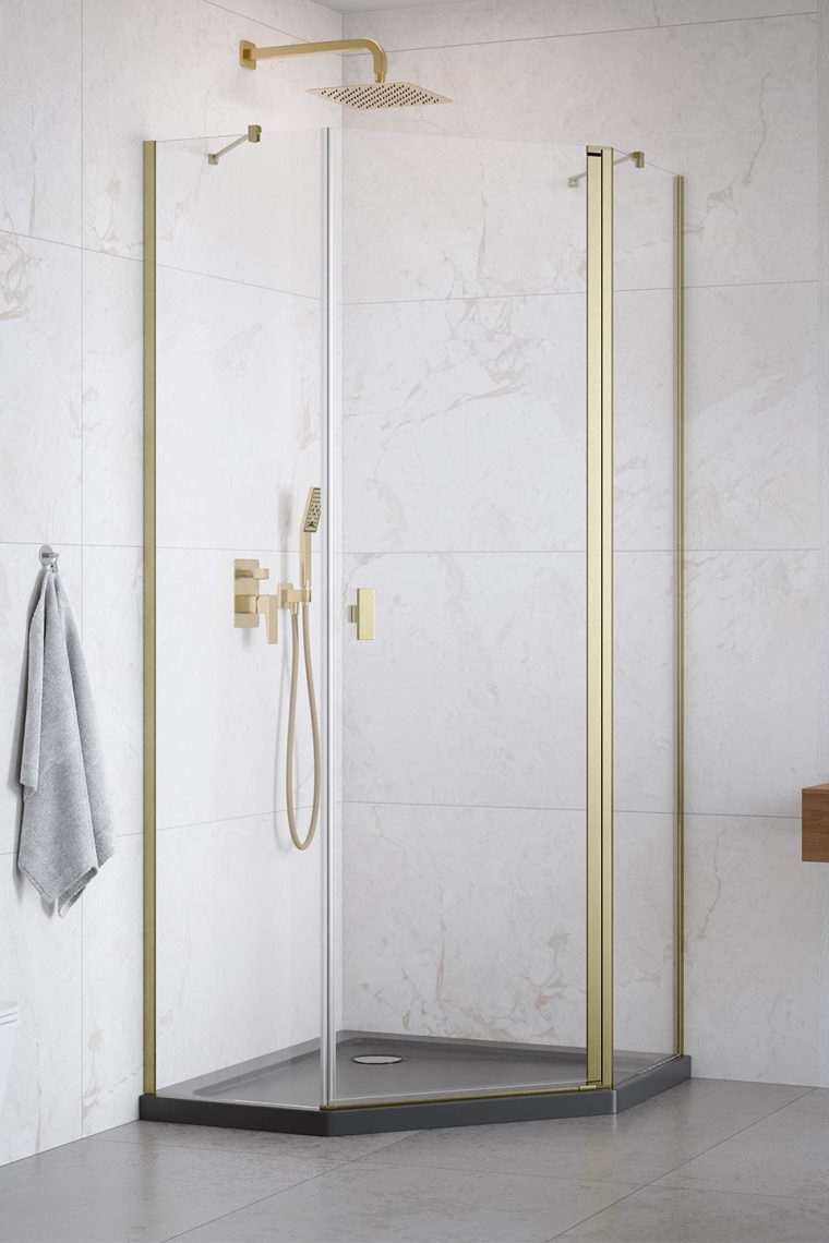 душевой уголок radaway nes brushed gold ptj 90x100 правый, стекла прозрачные, профиль брашированное золото