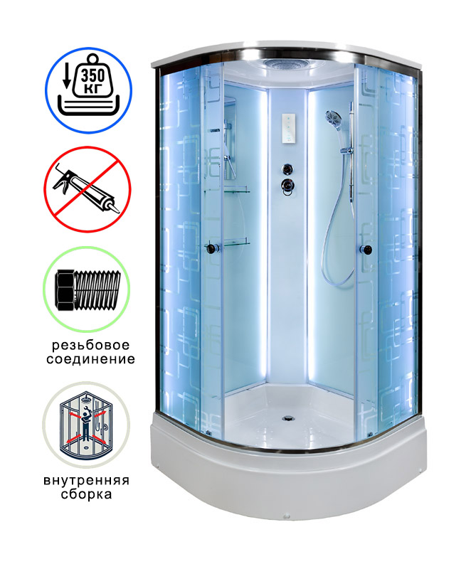 душевая кабина avacan em2790led ava 90x90 led, стекла с узором, профиль хром