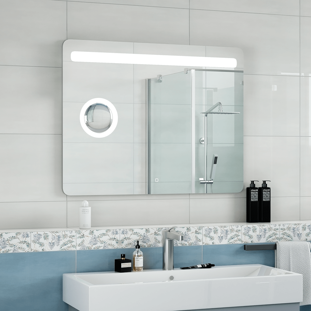 зеркало континент fibra led 90x70 с подсветкой, увеличительной линзой и сенсорным управлением