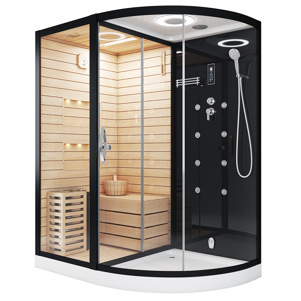 душевая кабина tiko-teymi solli t00201l 180x110 черная, левая с финской сауной и турецкой баней
