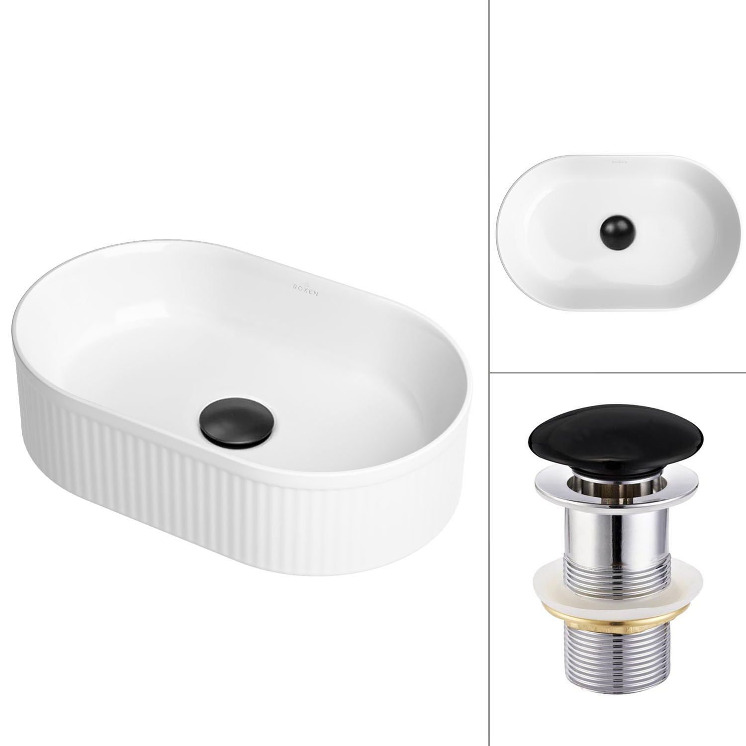 умывальник roxen royal oval m 570170-m 50x32 с донным клапаном pd01b черный