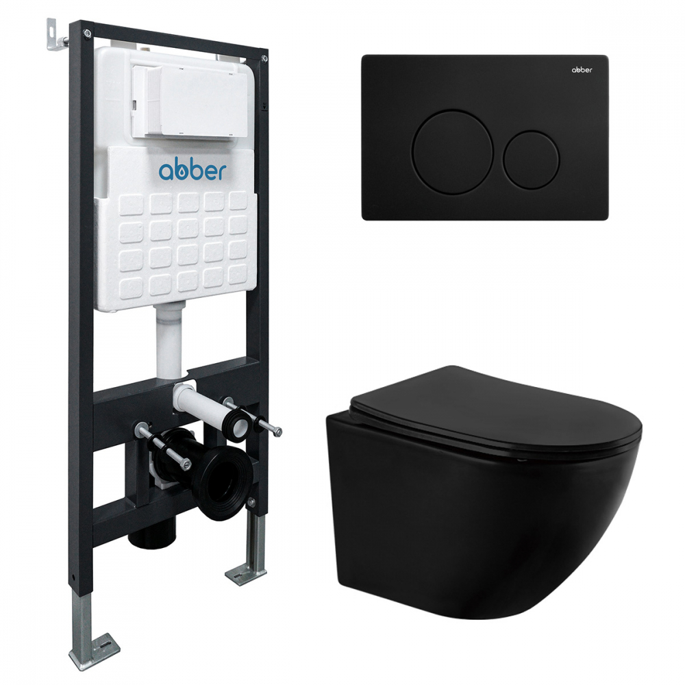 комплект инсталляции abber ac0105 c кнопкой ac0121mb черная матовая и унитаза bequem ac1100mb