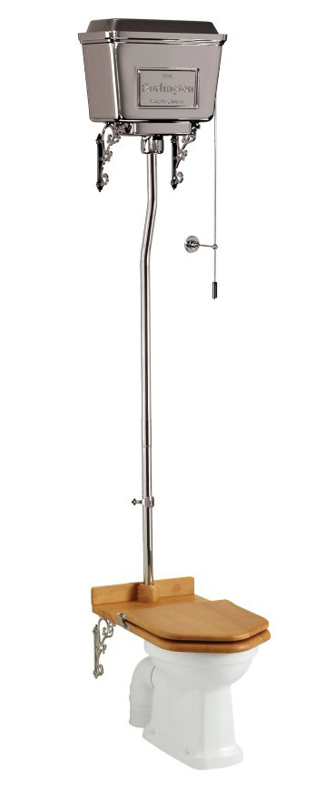 унитаз напольный burlington p2+t30chr+t70chr с высоким алюминиевым бачком цвета хром (42,9 см) с длинной трубой