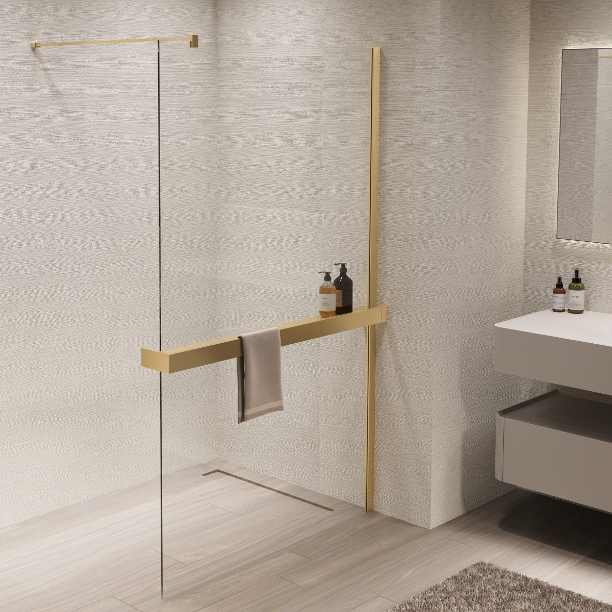 душевой уголок vincea walk-in 90x200 стекла прозрачные, профиль брашированное золото