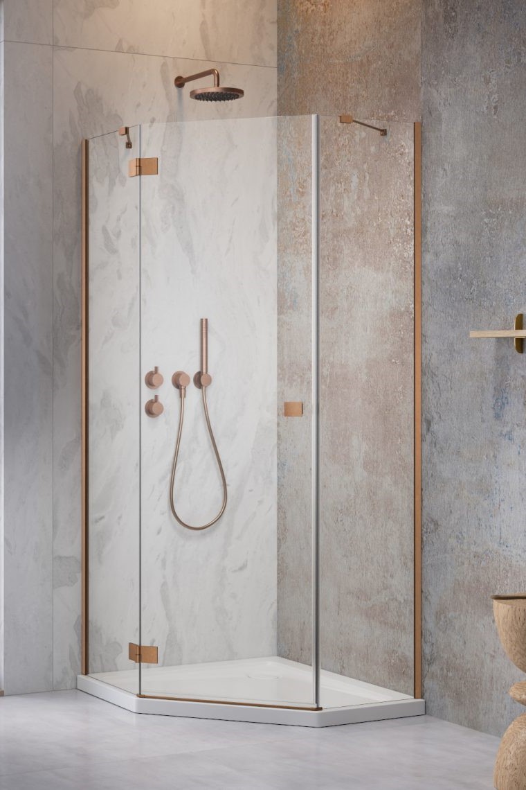 душевой уголок radaway essenza brushed copper ptj 90x80 левая, стекла прозрачные, профиль брашированная медь