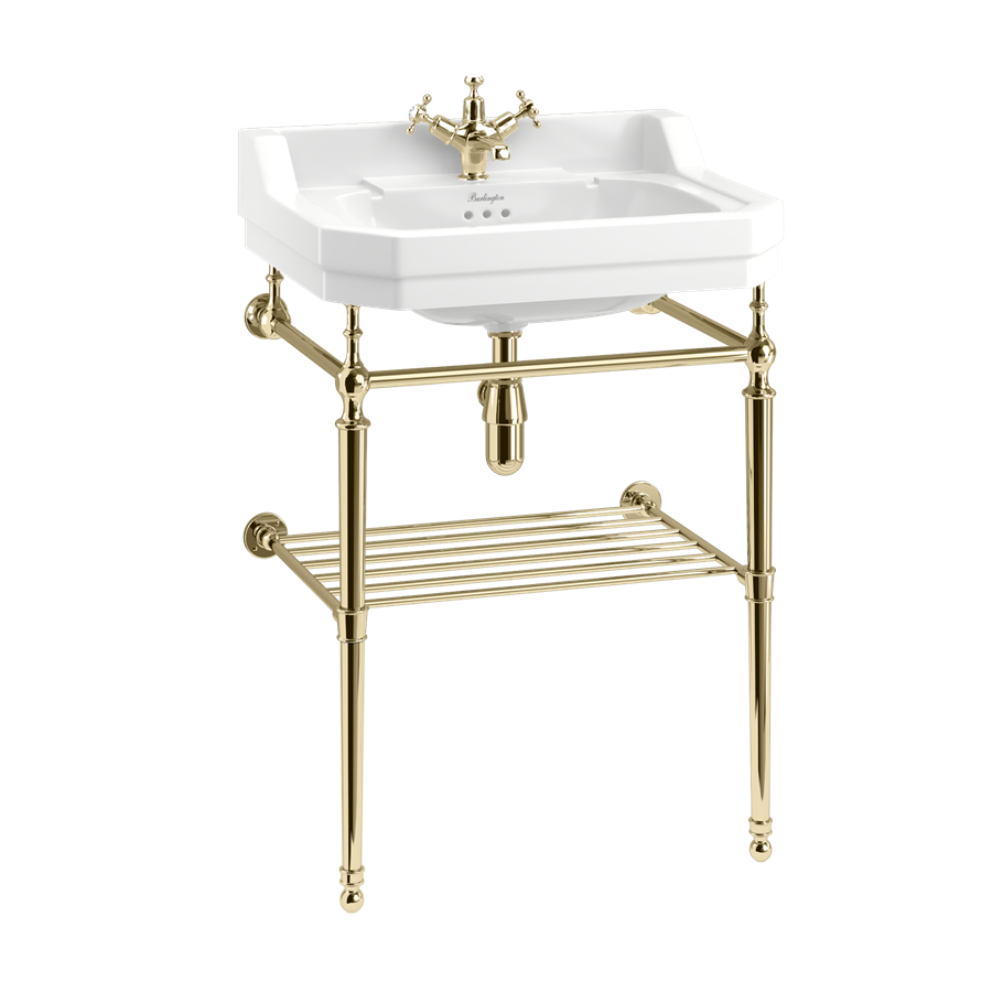 умывальник burlington edwardian b5 3th 61x51 (на 3 отверстия) с подстольем t23agold и полкой t23a-sgold белый / золото