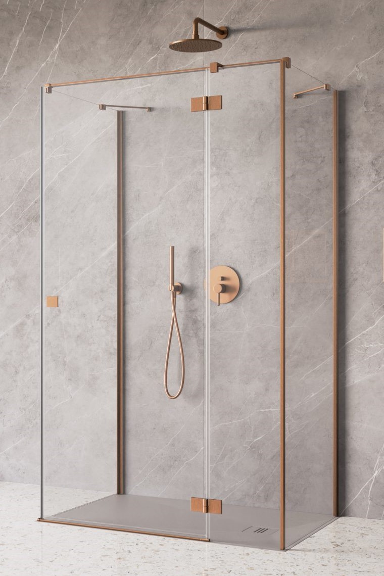 душевой уголок radaway essenza brushed copper kdj+s 90x75 правый, стекла прозрачные, профиль брашированная медь