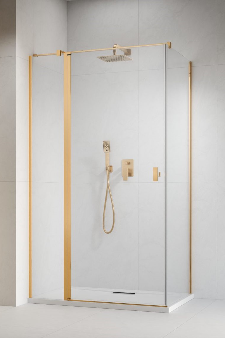 душевой уголок radaway nes gold kdj ii 80x90 левый, стекла прозрачные, профиль золото