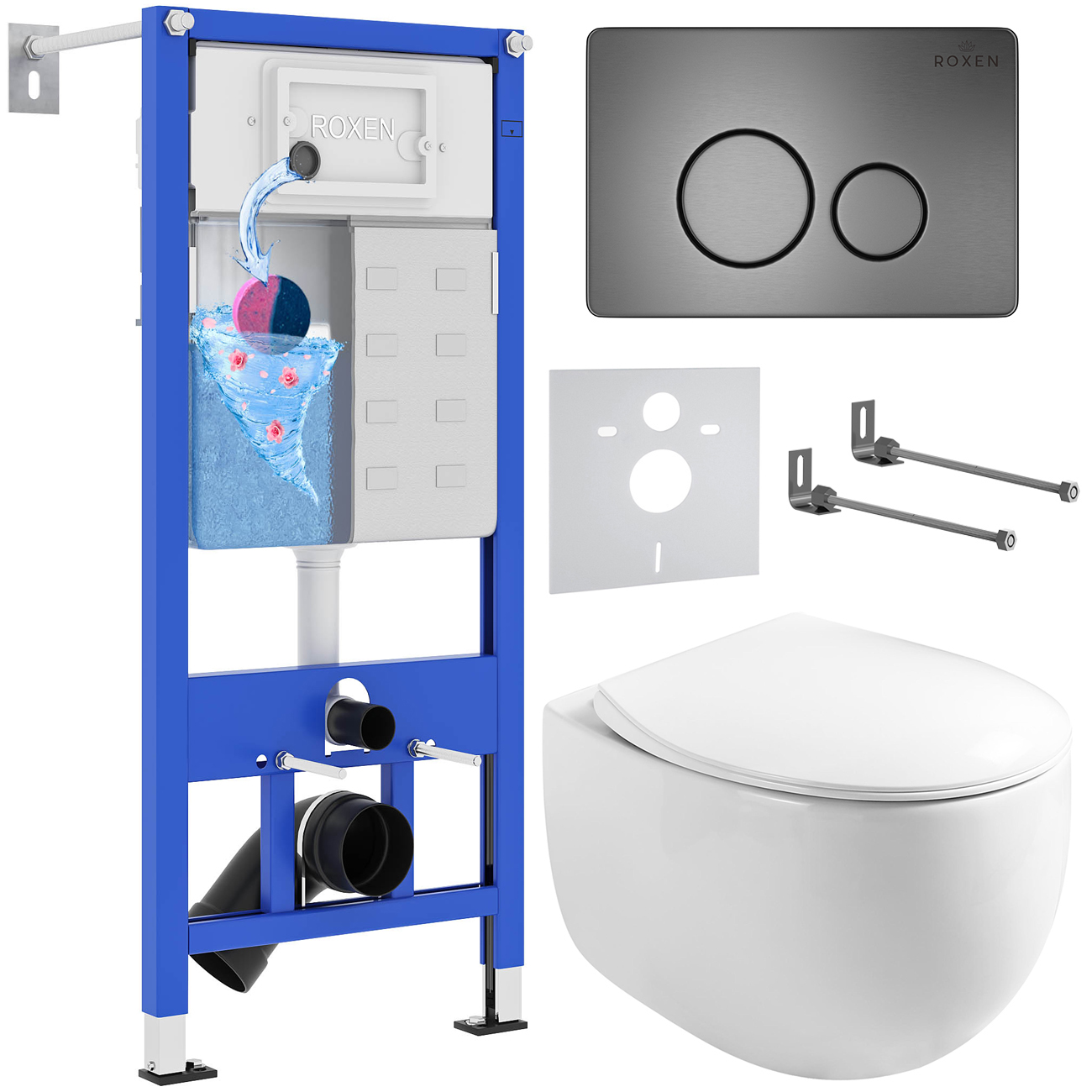 комплект инсталляции для унитаза 6 в 1 roxen stounfix dual fresh 964237 steel оружейная сталь, с аромадозатором