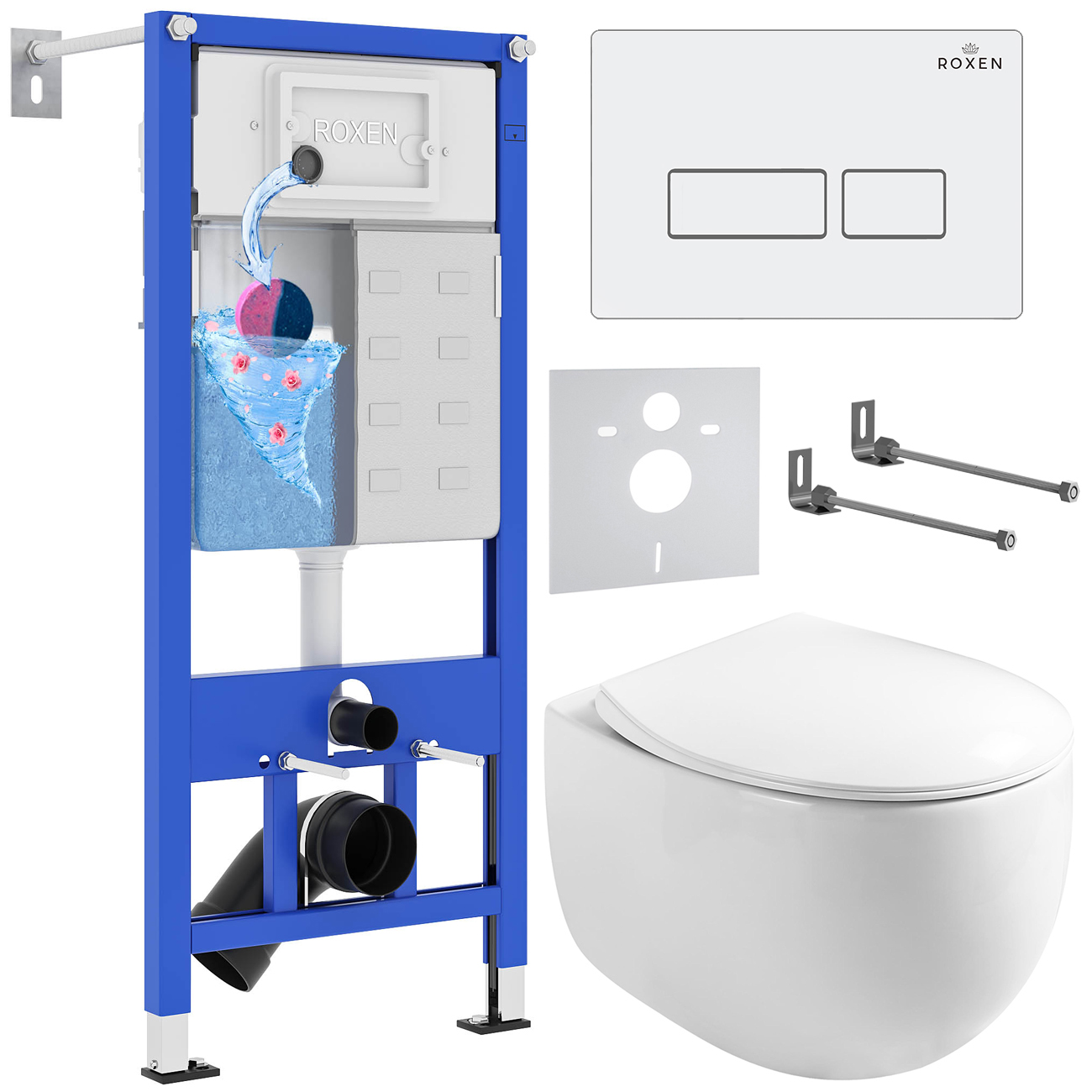 комплект инсталляции для унитаза 6 в 1 roxen stounfix dual fresh 964170 с клавишей caspia белый глянец, с аромадозатором