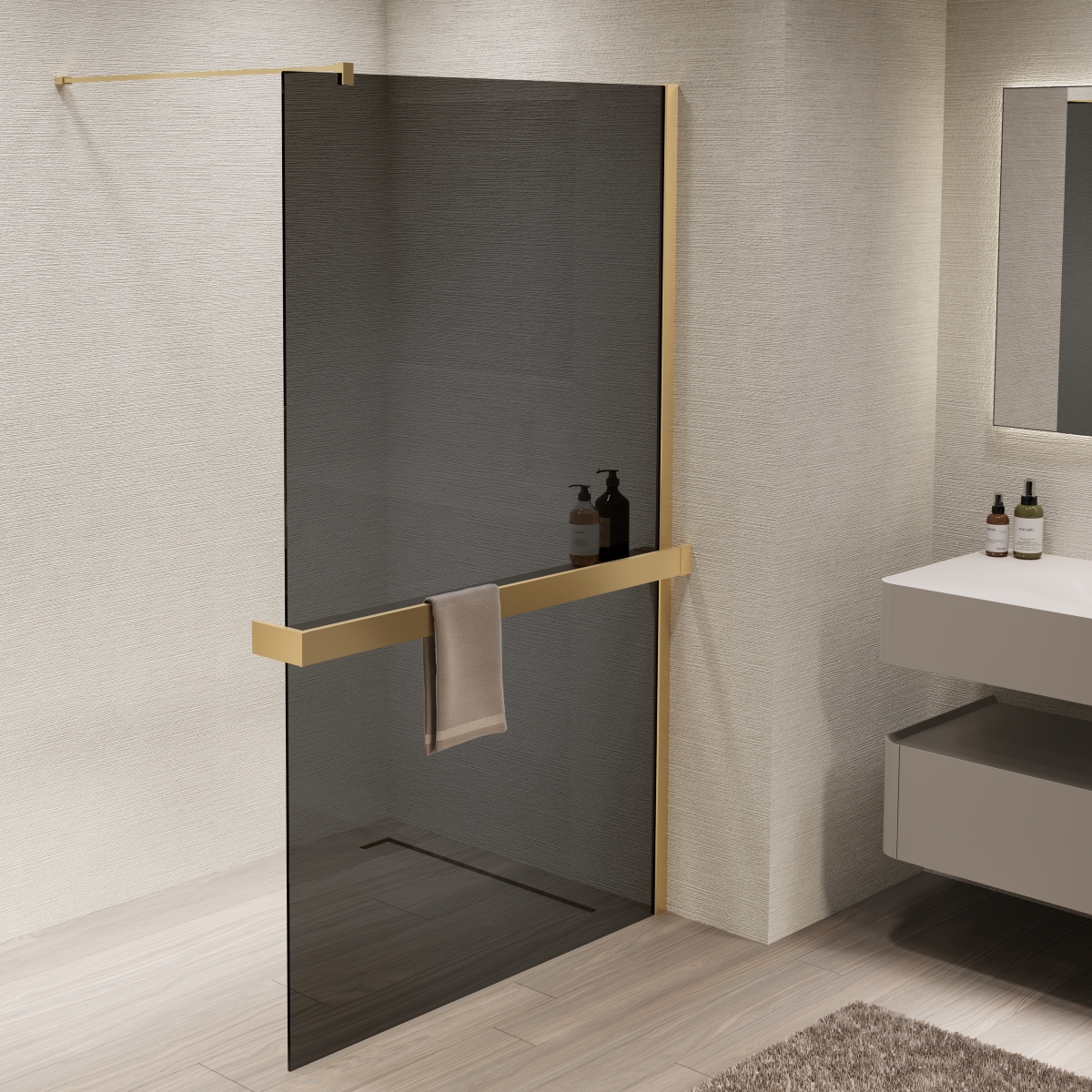 душевой уголок vincea walk-in 90x200 стекла тонированные, профиль золото брашированное