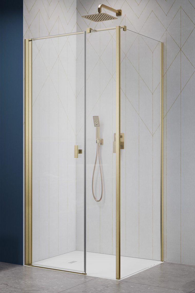 душевой уголок radaway nes brushed gold kds i 140x80 правый, стекла прозрачные, профиль брашированное золото
