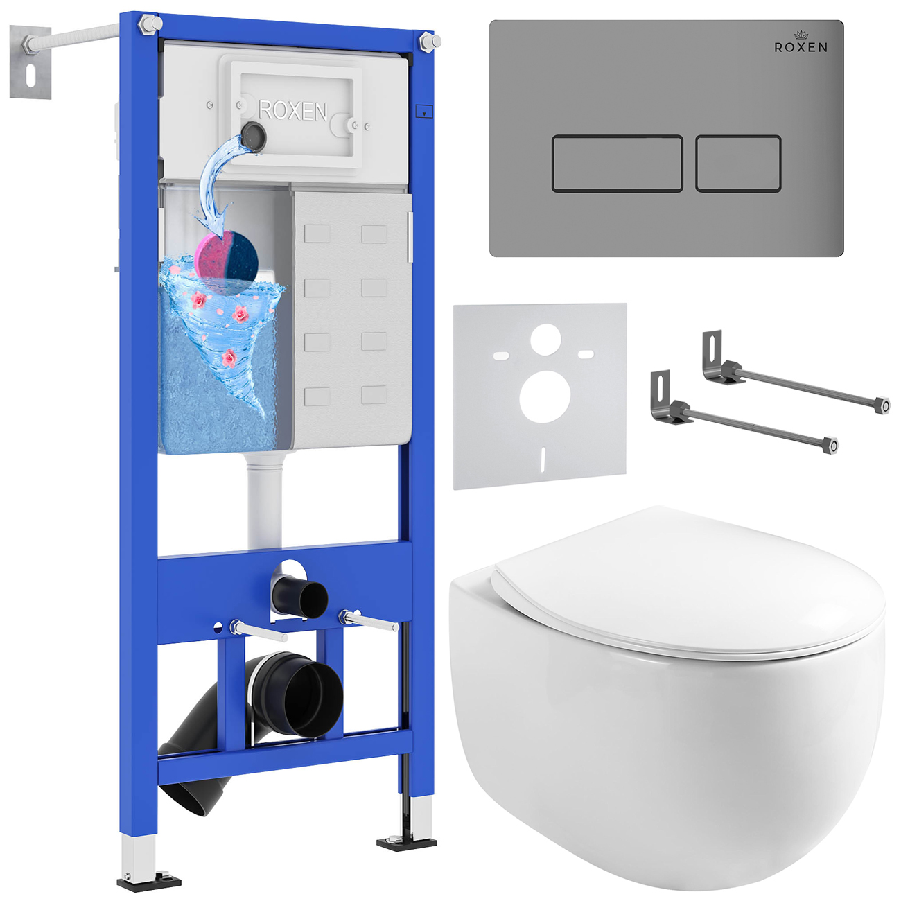 комплект инсталляции для унитаза 6 в 1 roxen stounfix dual fresh 964210 с клавишей caspia хром матовый, с аромадозатором