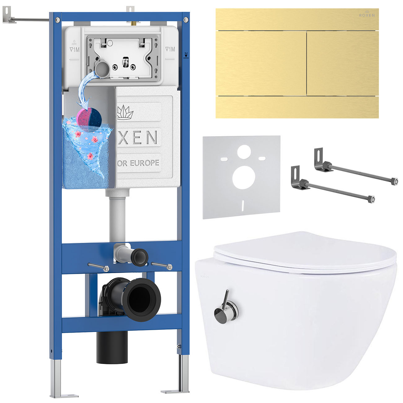 комплект инсталляции roxen 6 в 1 stounfix dual fresh 868648 клавиша брашированное золото
