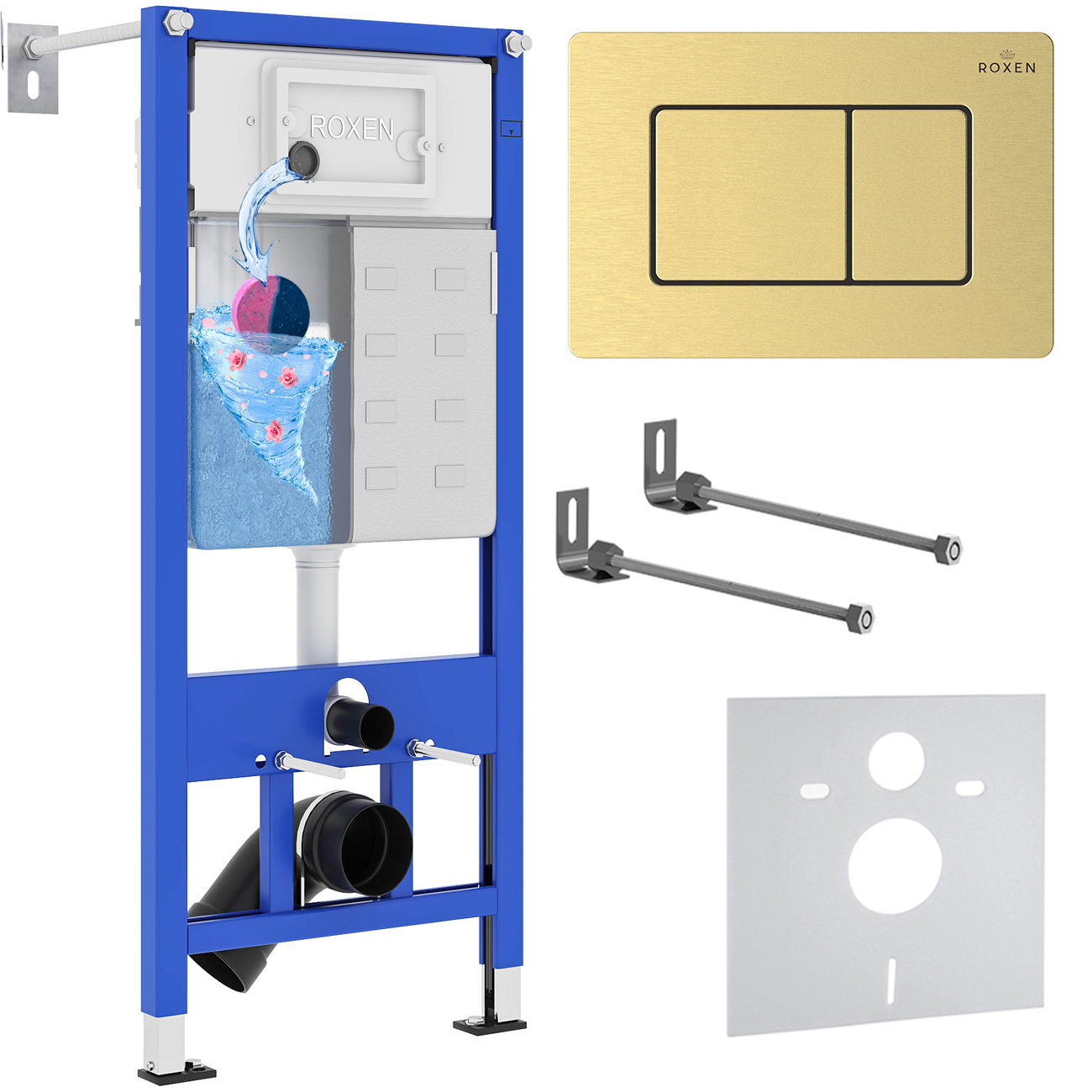 комплект инсталляция roxen stounfix dual fresh 4 в 1 968409 с клавишей смыва брашированное золото