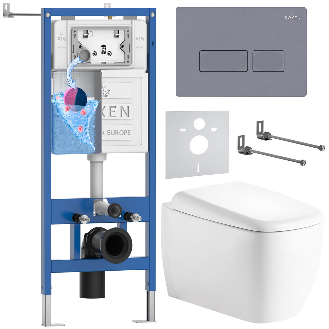 инсталляция roxen stounfix dual fresh 710200 с унитазом 530220-02 и клавишей смыва caspia 410280dg с аромадозатором